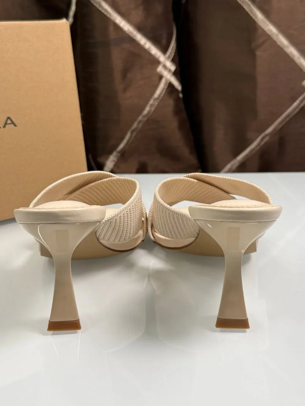 Newbella Beige Knit Criss Cross Mule Heels Sandals Size 6.5